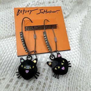 Betsey Johnson Black Cat Earrings With Rhinestone Accents Drop Style Unique Hall